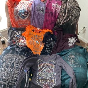 Lot of Affliction/Sinful/American Fighter tops.